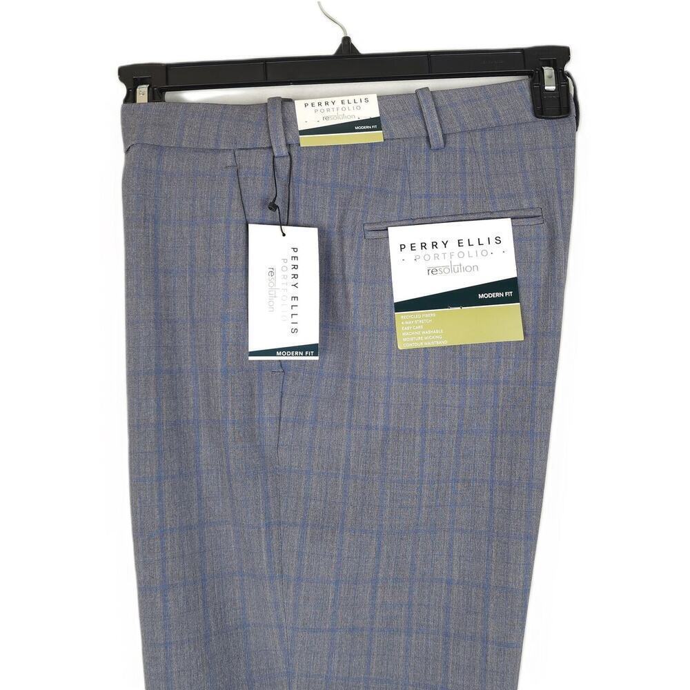 Perry Ellis Mens Modern Fit Dress Pants 33x32 Mid Grey Blue Plaid Stretch NWT